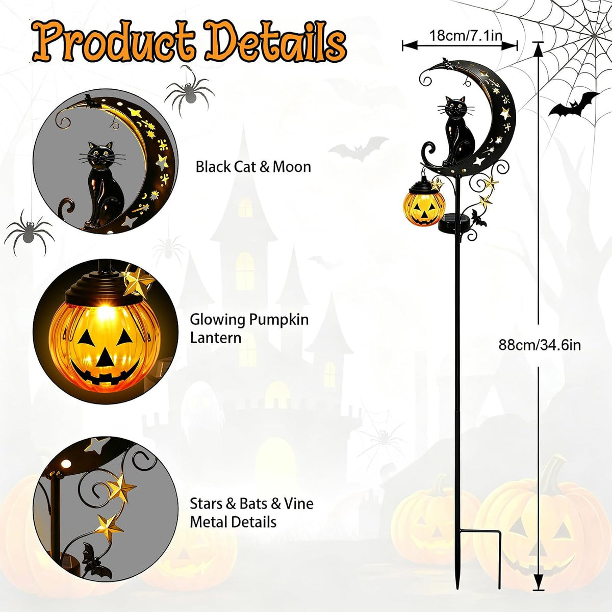 Solar Halloween Black Cat Pumpkin Moon Garden Stake Light Outdoor Decor