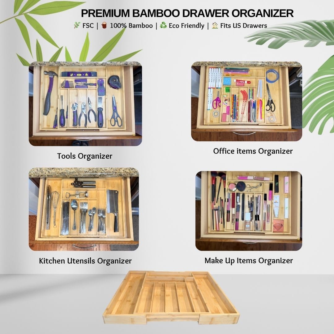 EVERLINE Expandable Bamboo Drawer Organizer for Kitchen Utensils
