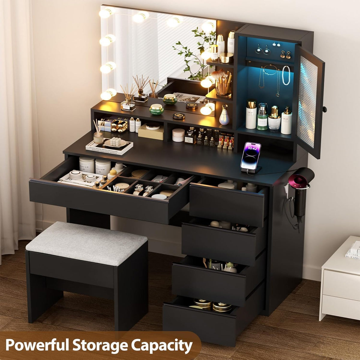 ERLEJIA Vanity Desk with Mirror and Lights & Extral Foldable Desk, 31.5&q...