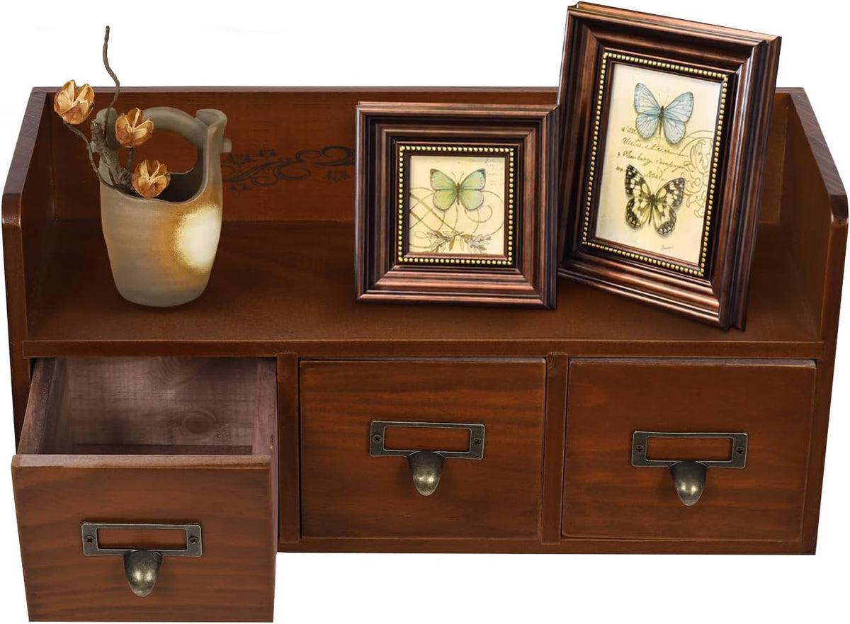 Desk Organizer with 3 Drawers, Wooden Apothecary Cabinet Desktop Storage Shel...