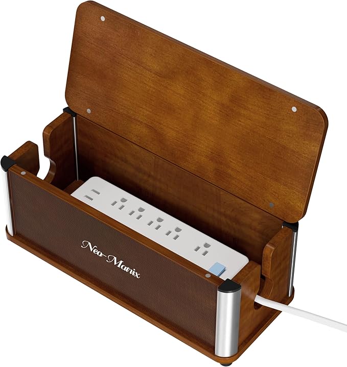 Delamu Wooden Cable Management Box, Retro-Inspired Look Desk Cord Organizer Box by DELAMU