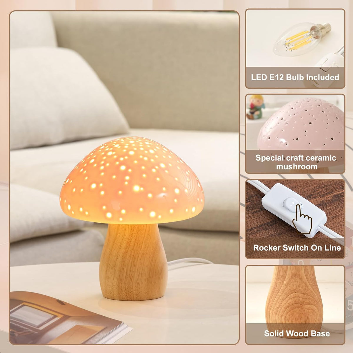 BOHON Mushroom Lamp Ceramic Bedside Table Lamp, Pink