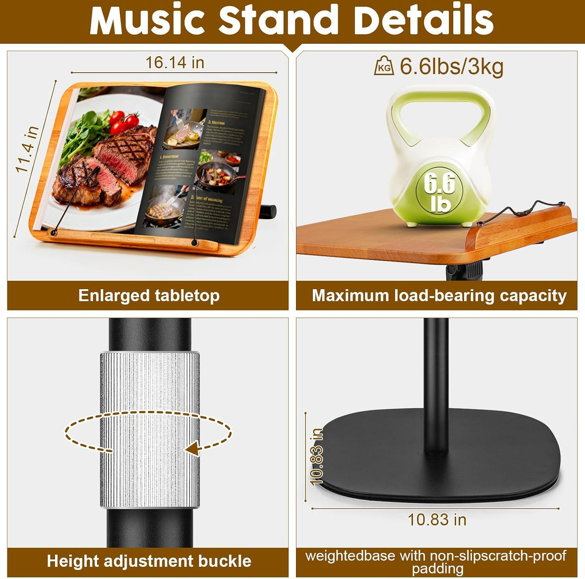 2 in 1 Dual-use Music Stand & Desktop Book Stand, Adjustable Height 16.5&...