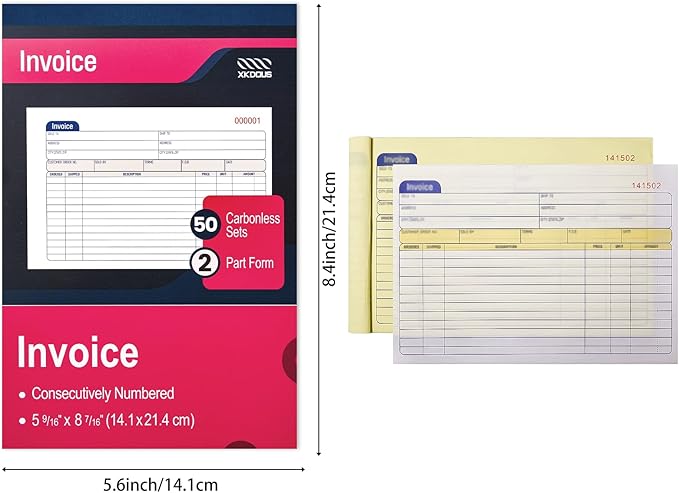 XKDOUS 5 Pack Invoice Receipt Book, 2-Part Carbonless, 5-9/16" x 8-7/16" - Image 2