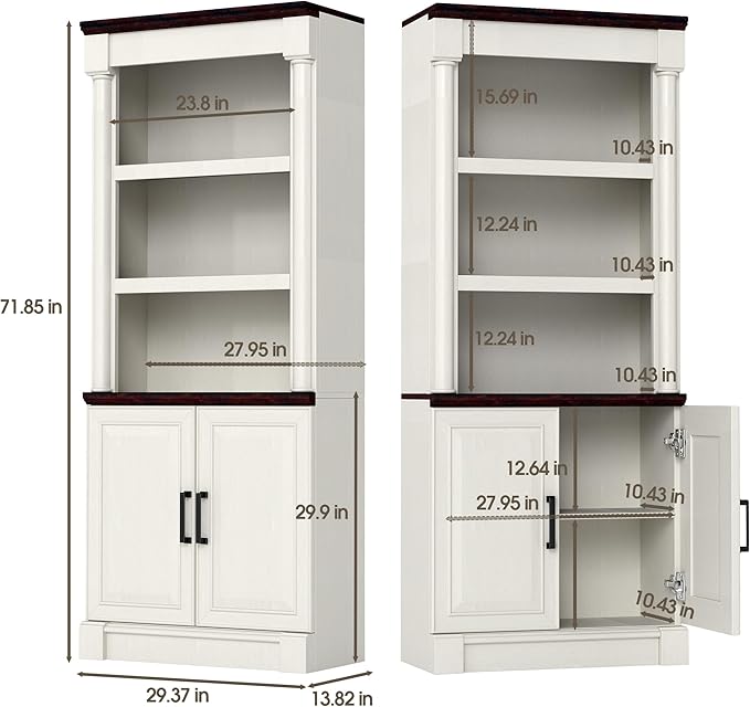 72" Roman Column Bookcase with Double Door Cabinet, 5 Tiers Tall Bookshelf - Image 2