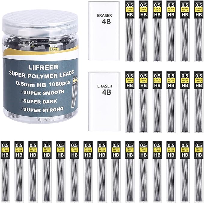Lifreer 0.5 Lead Refills, Unbreakable 0.5 mm Lead Refills and 2 Premium Erasers by Lifreer