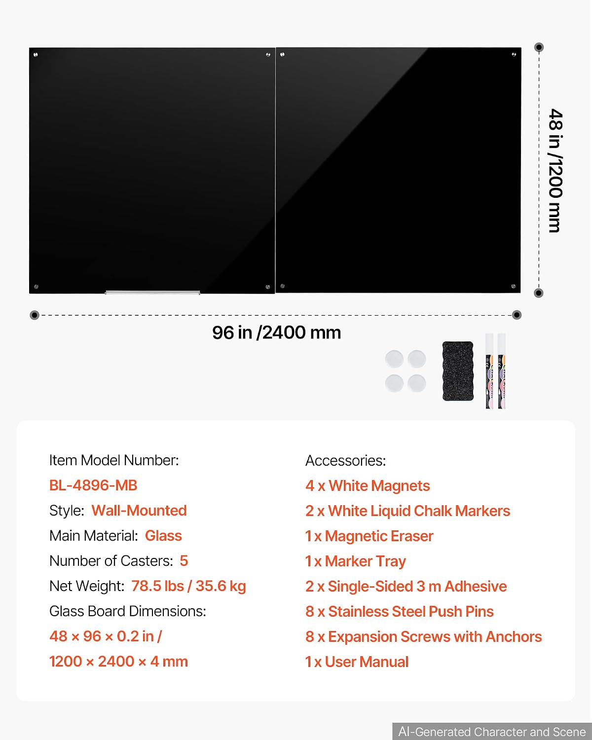 VEVOR Glass Dry Erase Board 96 x 48 in Black Magnetic Whiteboard