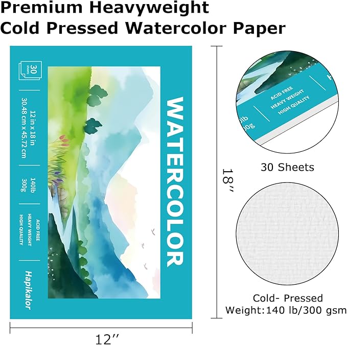 Hapikalor 12"x18" Large Watercolor Paper Pad, Art Supplies - Image 2