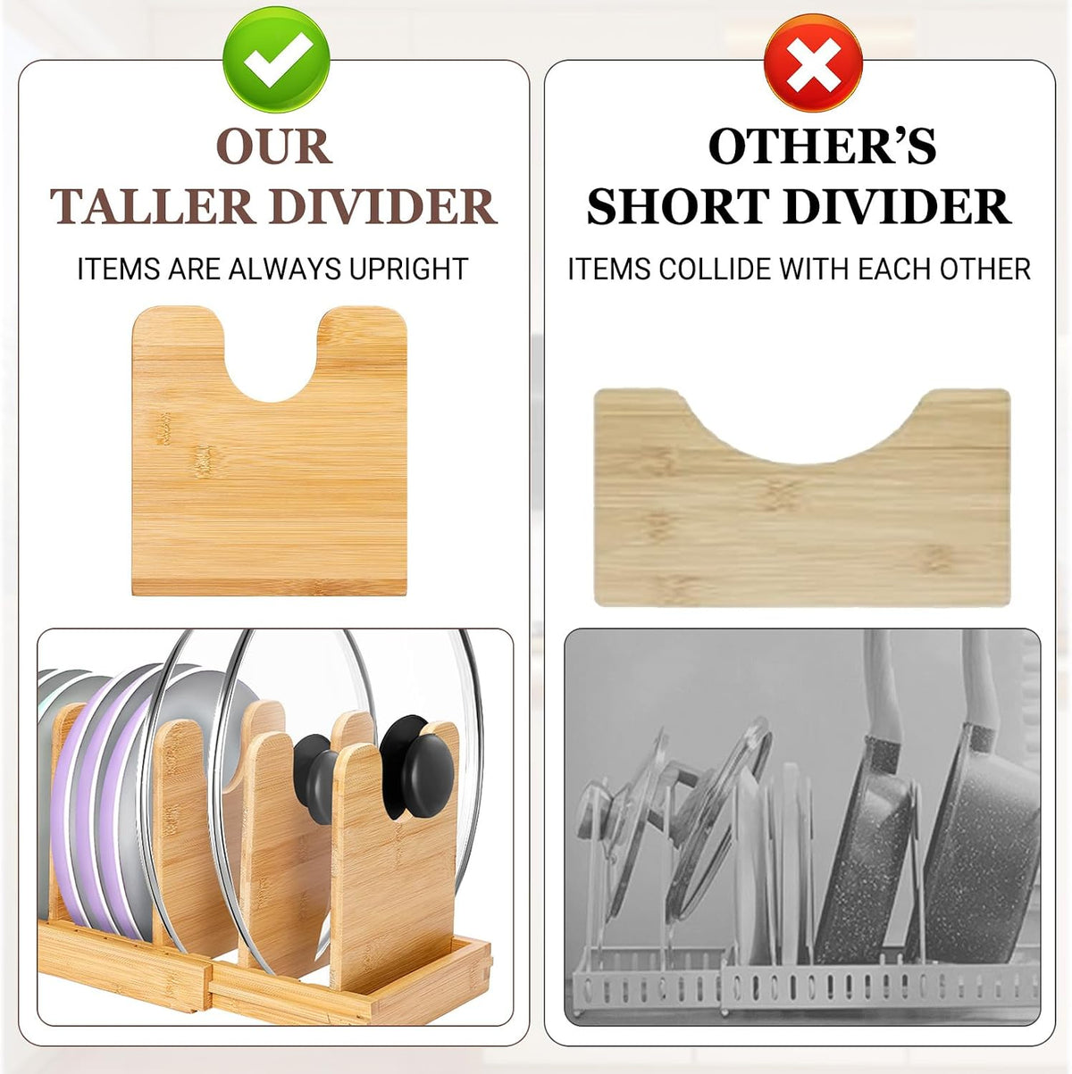 Bamboo Expandable Pot Lid Organizer, Pots and Pans Holder Rack for Cabinet