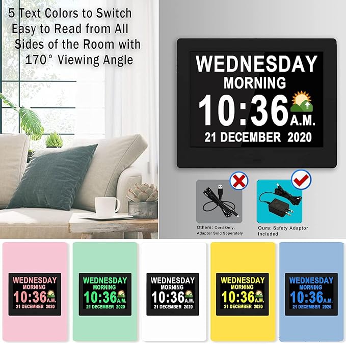Véfaîî 19 Alarms Dementia Clock 8 Inch Large Display, Auto DST, 10 Levels Auto - Image 5
