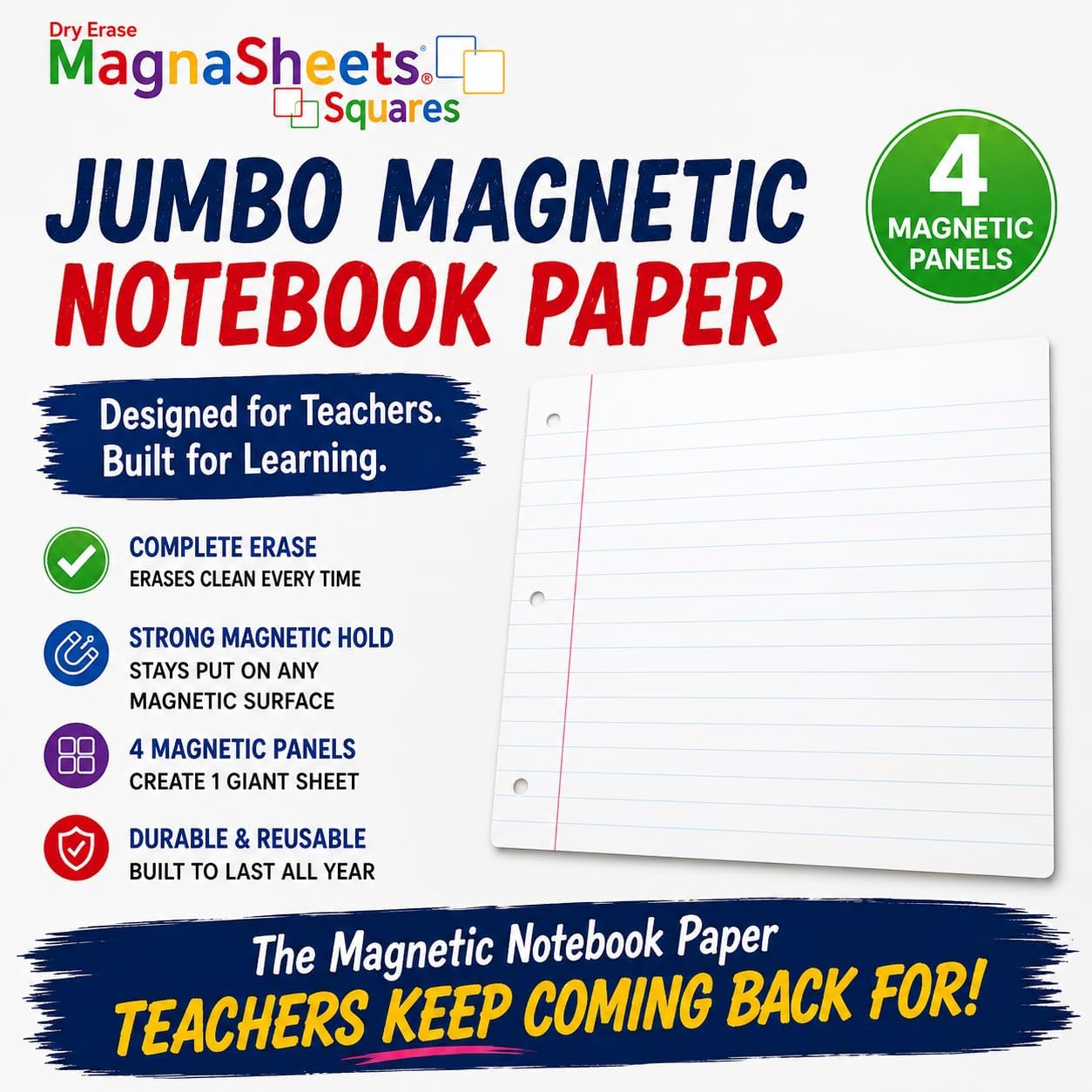 MAGNASHEET Squares Magnetic Dry Erase Notebook Paper for Classroom Whiteboards, Jumbo 22 x 28 Inch Teaching Sheet, 4 Panel Magnetic Writing Surface, Complete Erase PET Vinyl, Teacher Classroom Supplies