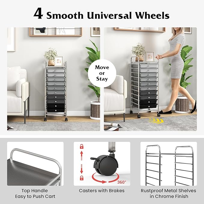 Giantex 10-Drawer Storage Cart w/Universal Wheel, Rolling Cart w/Handle - Image 6