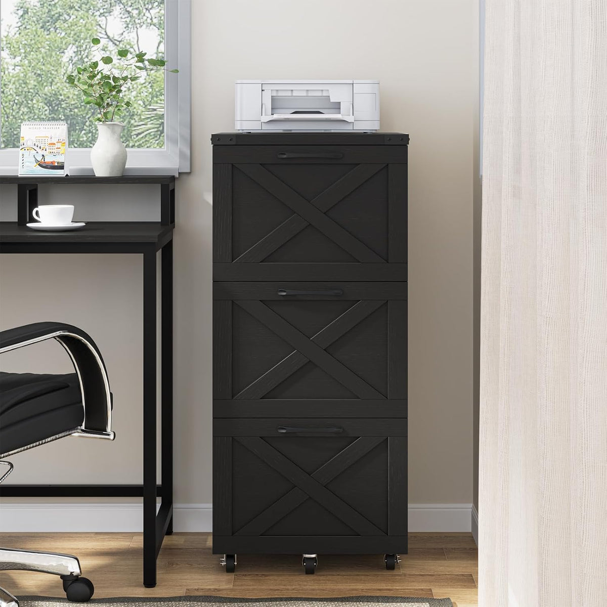 3 drawers tall farmhouse file cabinet with wheels, view 9