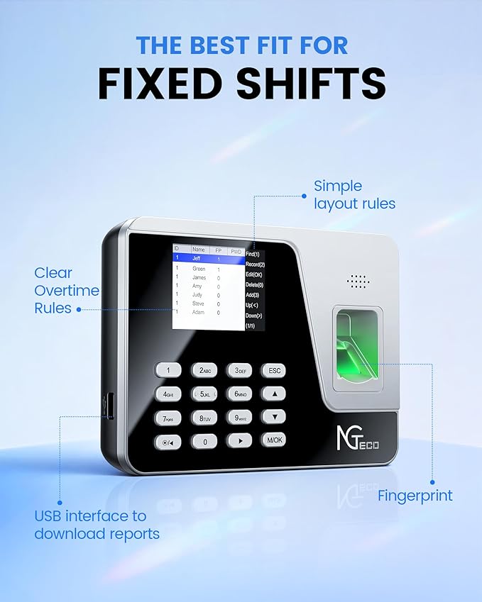 NGTeco Fingerprint & PIN Biometric Time Clock, Standalone Punch Machine - Image 8