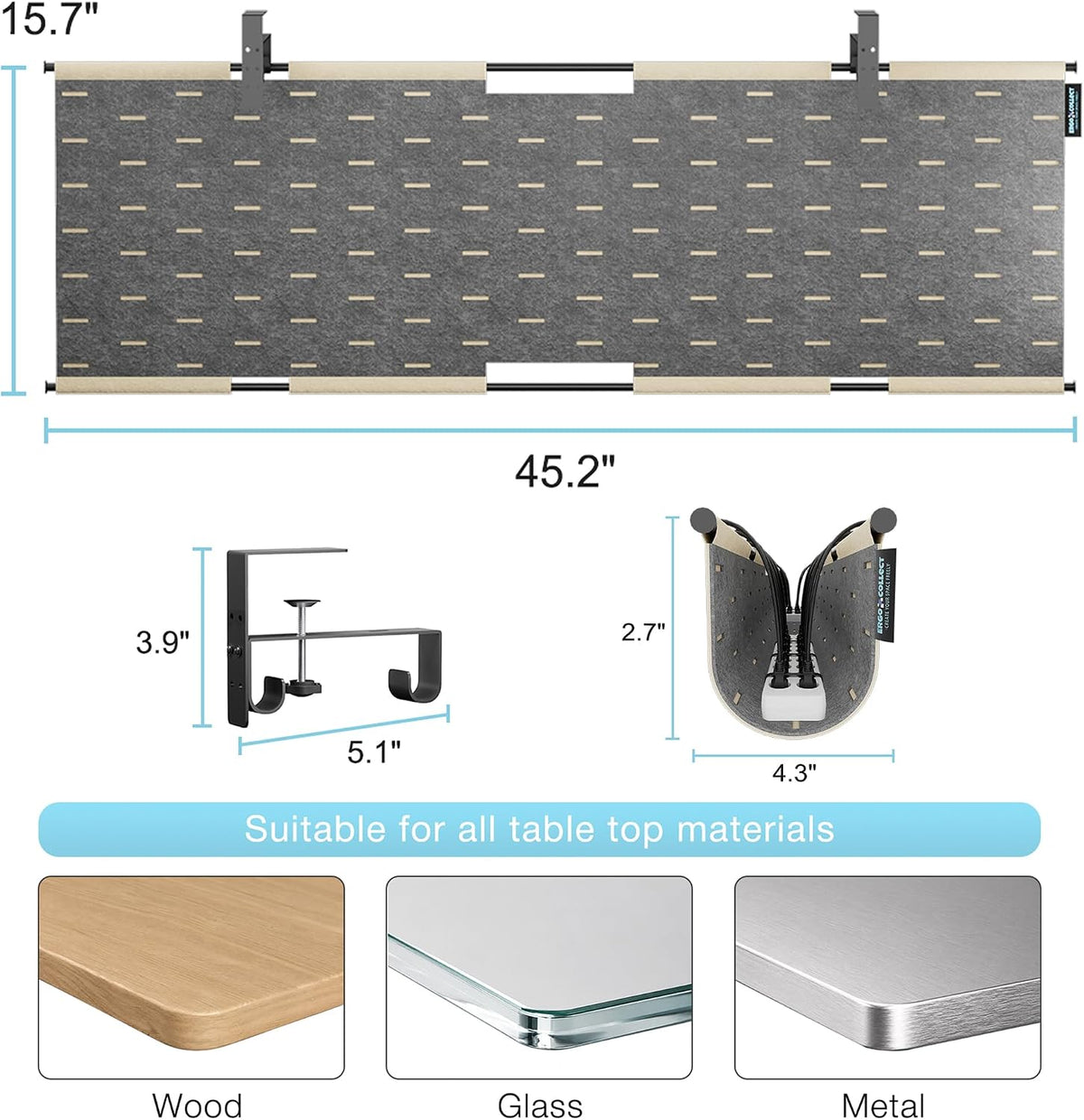 Under Desk Cable Management Tray No Drill, 45.2" Felt Standing Desk Cabl...