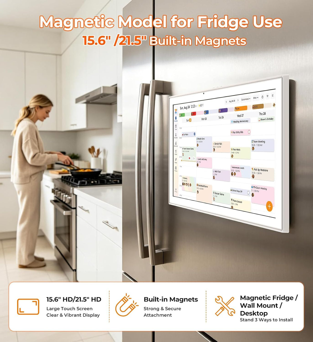 Magnetic Mount Smart Digital Calendar 15.6 Inch for Fridge, White