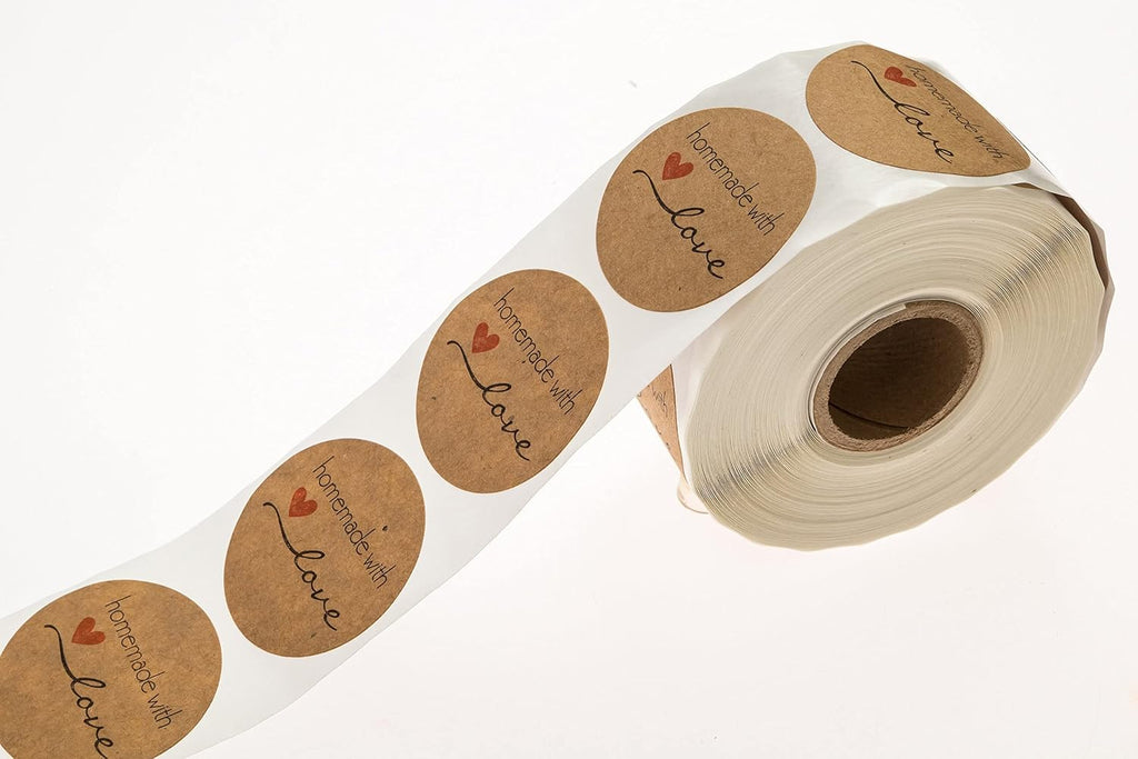 1.5" Round Natural Brown Kraft Homemade with Love Stickers / 500 Brown Kraft Labels Roll/Made in The USA