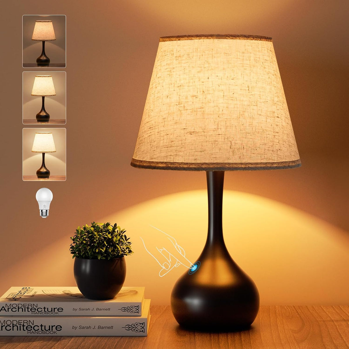ONEWISH Touch Bedside Lamp, Farmhouse 3-Way Dimmable Table Lamps for Nightsta...
