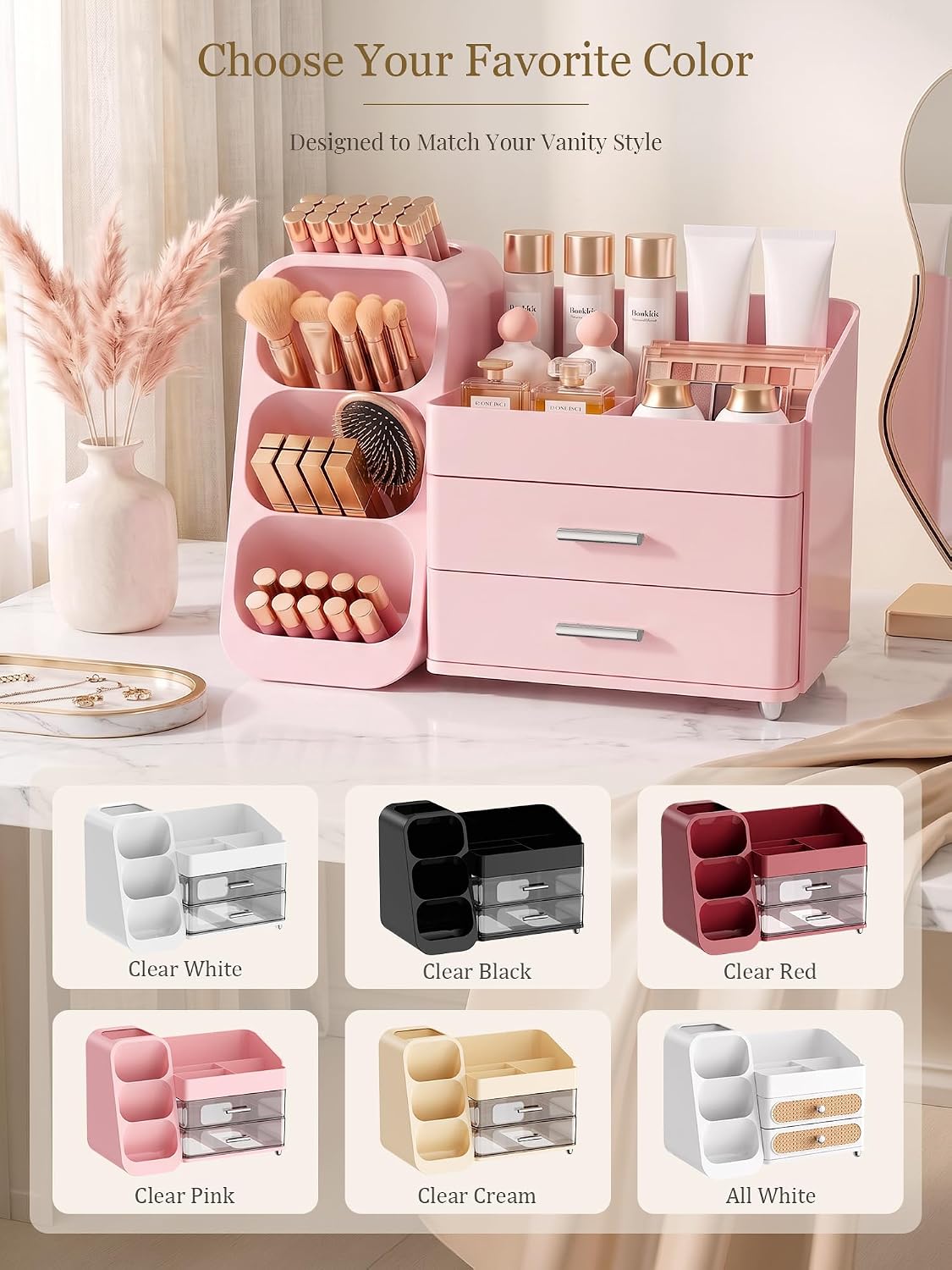 Booklov Large Makeup Organizer for Vanity Countertop, Pink