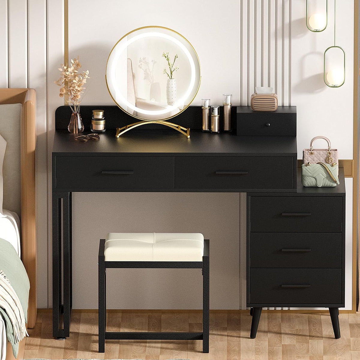 Armocity Black Vanity Desk with Mirror and Lights, Modern Makeup Vanity Table...