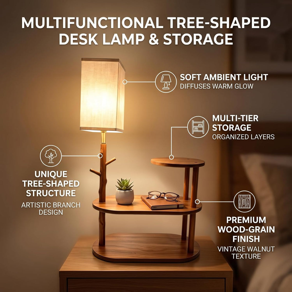 22" Desk Table Lamp with LED Bulb for Bedroom, Unique Wooden Tree Trunk