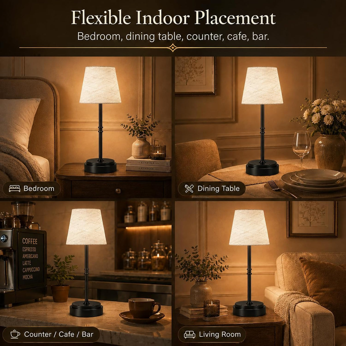 Rechargeable Cordless Table Lamp, Battery Operated Bedside Lamp, Black
