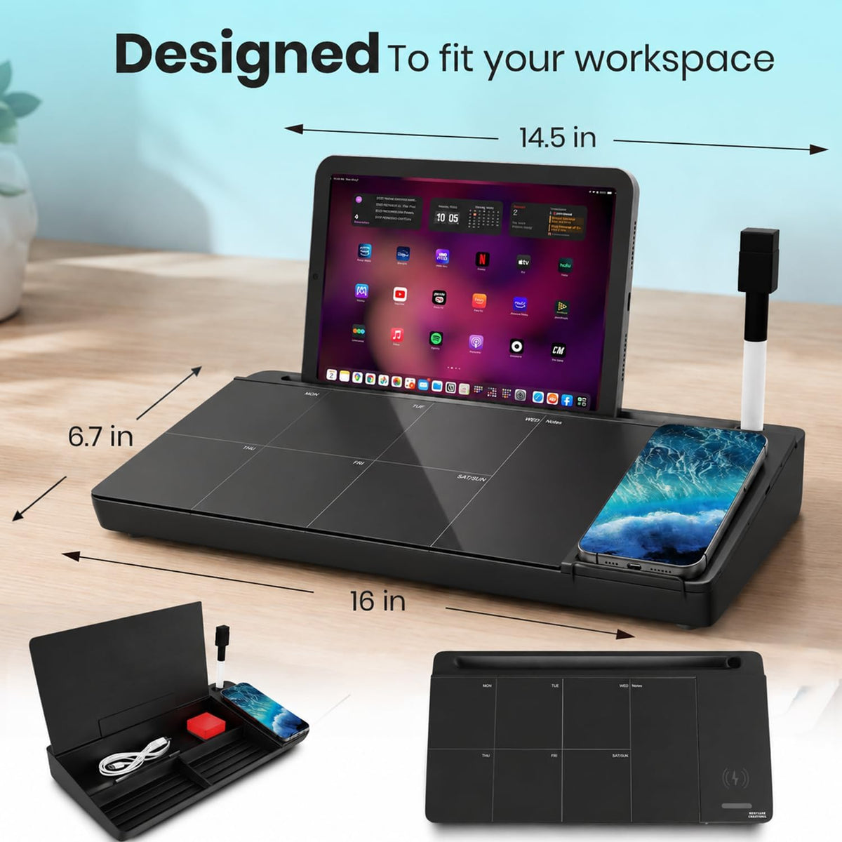 NEXTLUXE Glass Desk Whiteboard with Wireless Charger - Desktop Whiteboard wit...