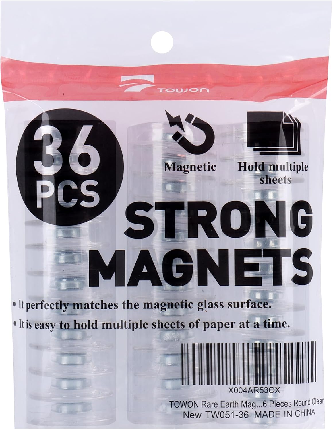 TOWON Rare Earth Magnets for Glass Whiteboard, 36 Pack Large Round Clear