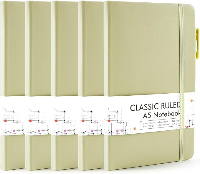 feela 5 Pack Notebooks Journals Bulk, Hardcover Classic Ruled Lined Journals by feela