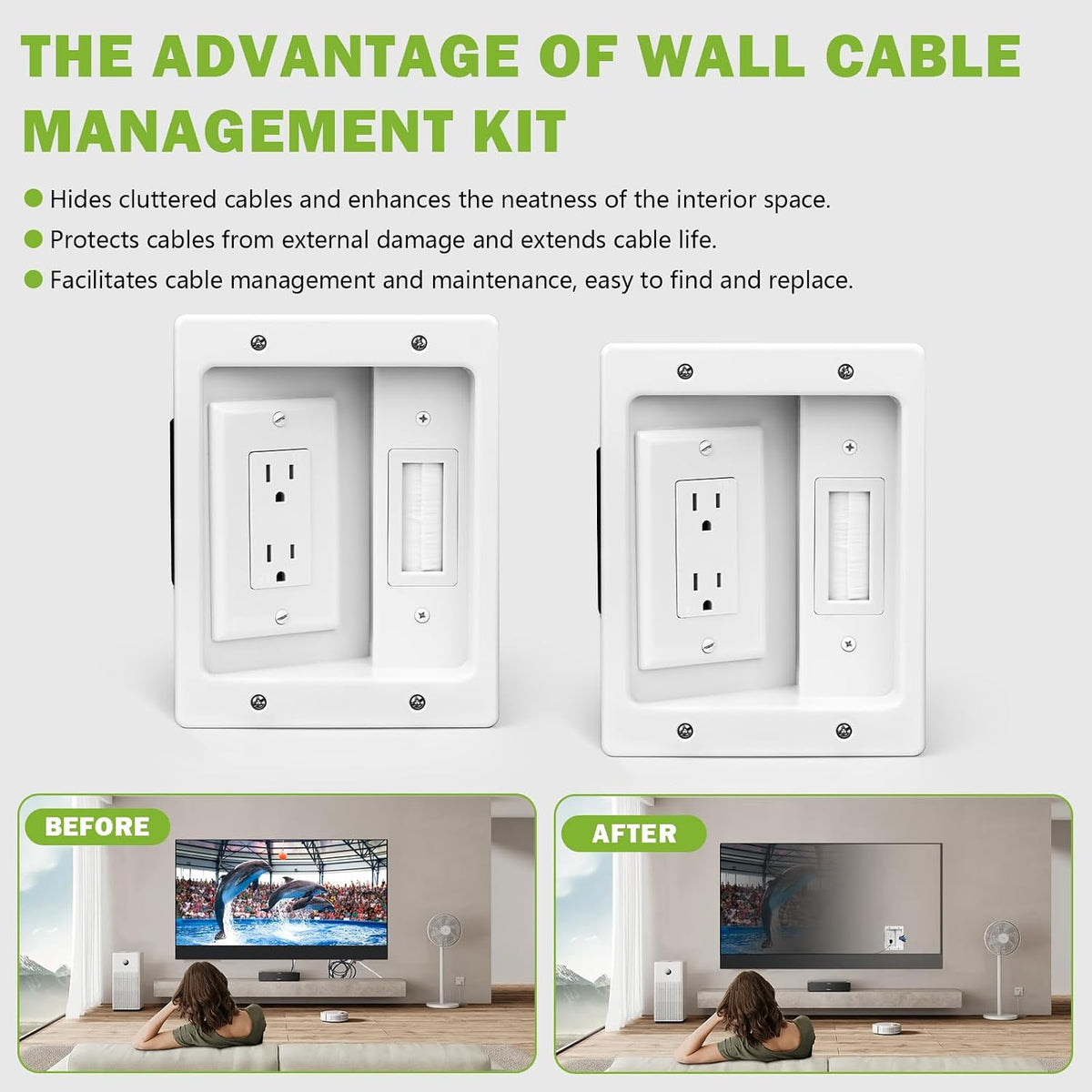 Wall Cable Concealer Management Box Recessed Outlet Wall Mount Behind TV