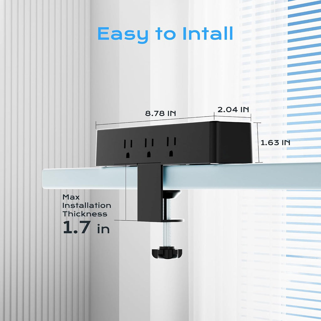 desk clamp power strip 10ft, acozvin 40w total, side view