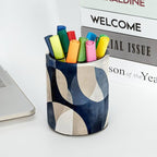 Leather Pen Holder for Desk, Abstract Geometric Blue Brown Print Pencil Cup - Image 5