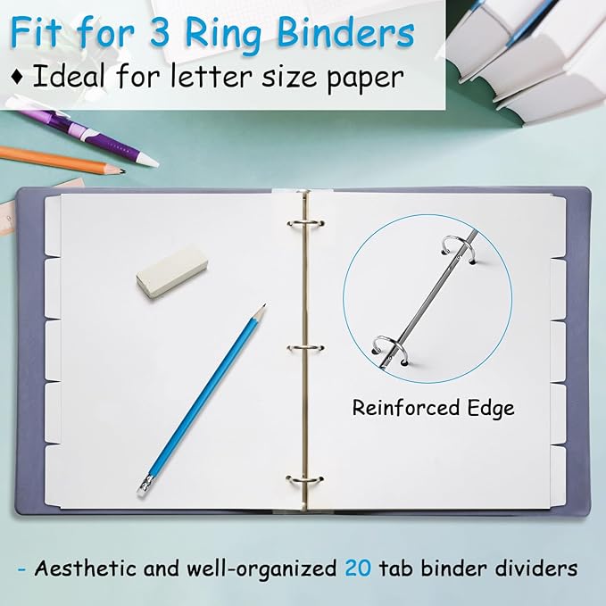 Binder Dividers for 3 Ring Binder, 1/5 Cut Tabs, Letter Size, Blank Write On - Image 4