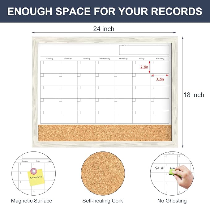 Calendar Whiteboard for Wall, 18x24 Inches Whiteboard Calendar Cork Board Combo - Image 4