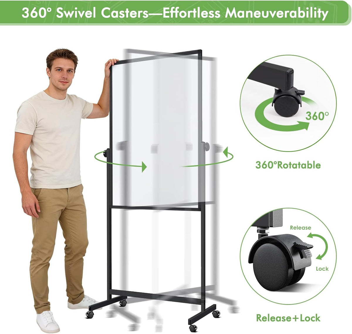 Rolling Whiteboard on Wheels 48" x 32" Aluminum Frame (Black)