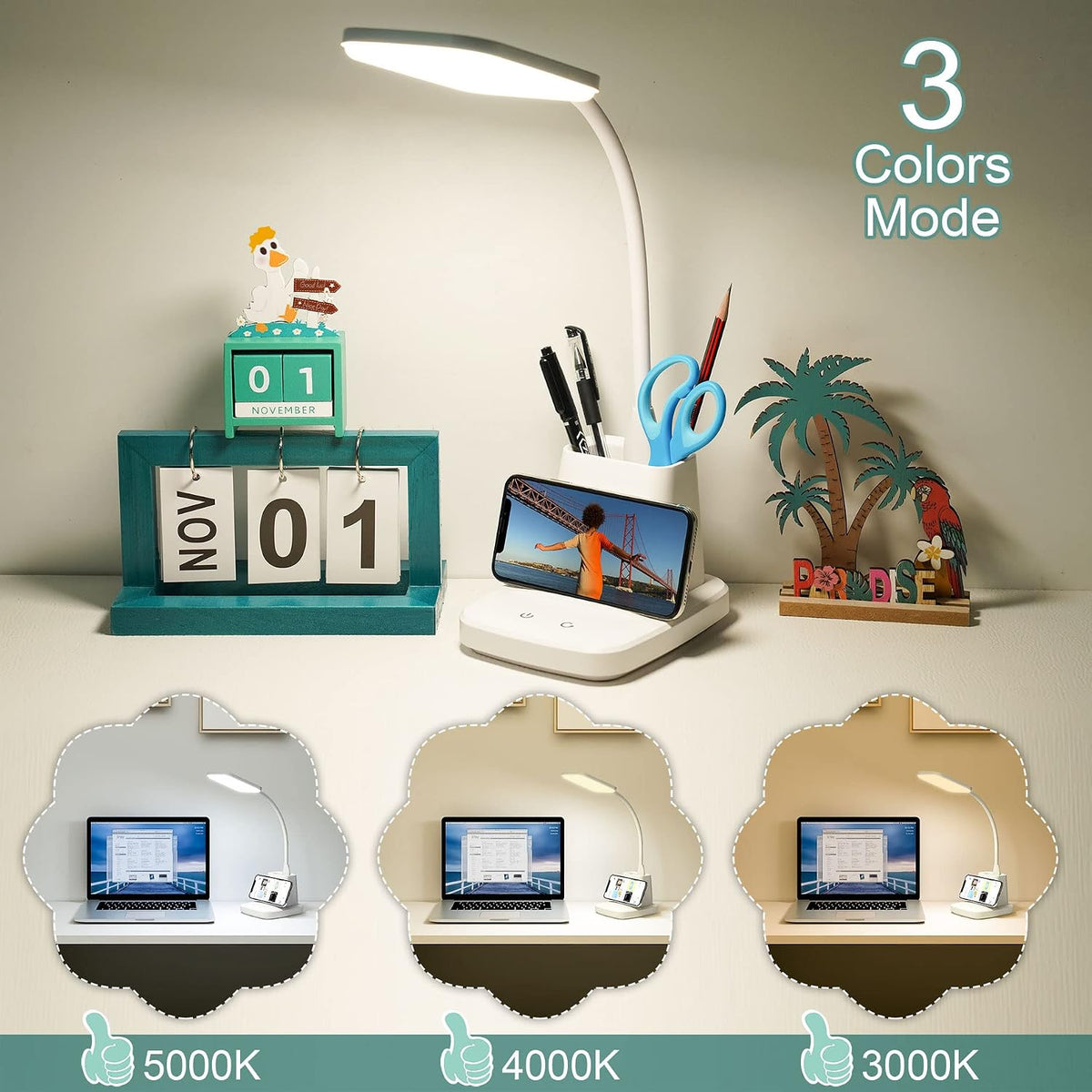 LED Desk Lamp with 10W Wireless Charging & Pen Holder, Snow White