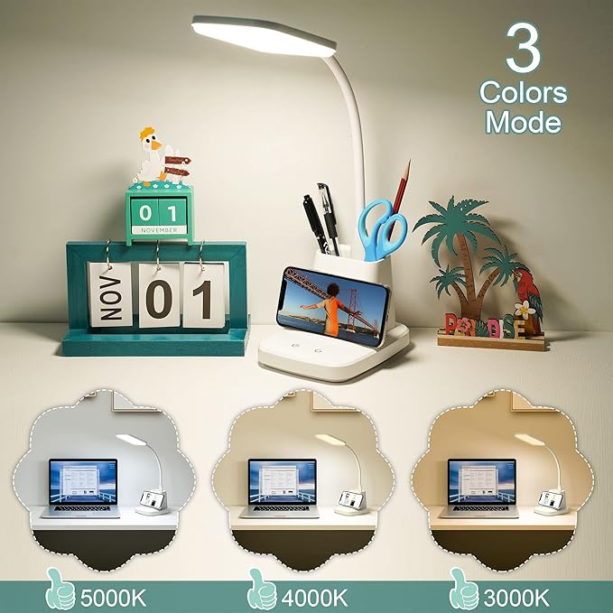 LED Desk Lamp with Wireless Charger, Sailstar White Desk Light with Pen Holder - Image 4