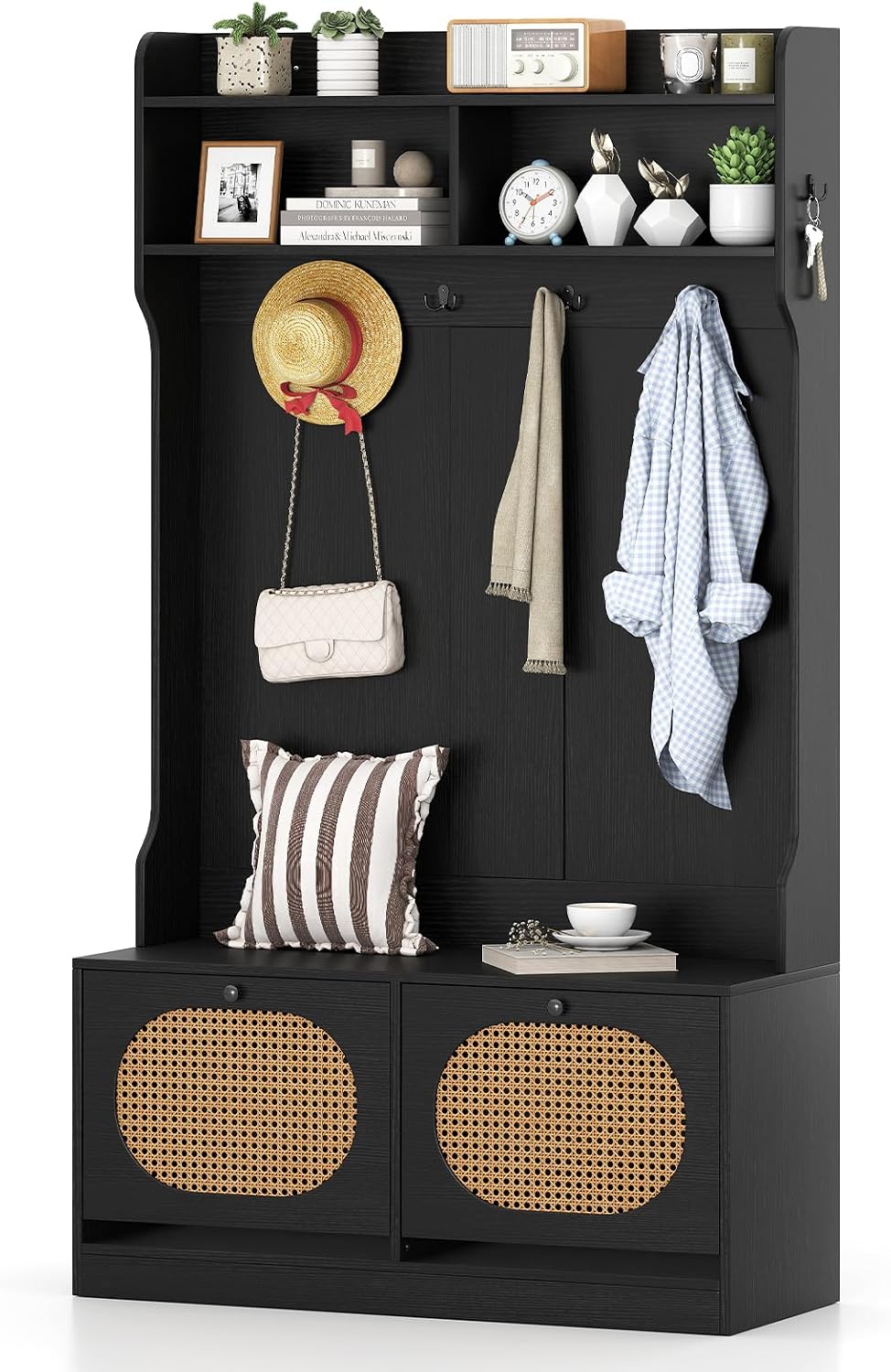 GIANTEX 4-In-1 Hall Tree with Bench and Shoe Storage, Entryway Bench with Coa...