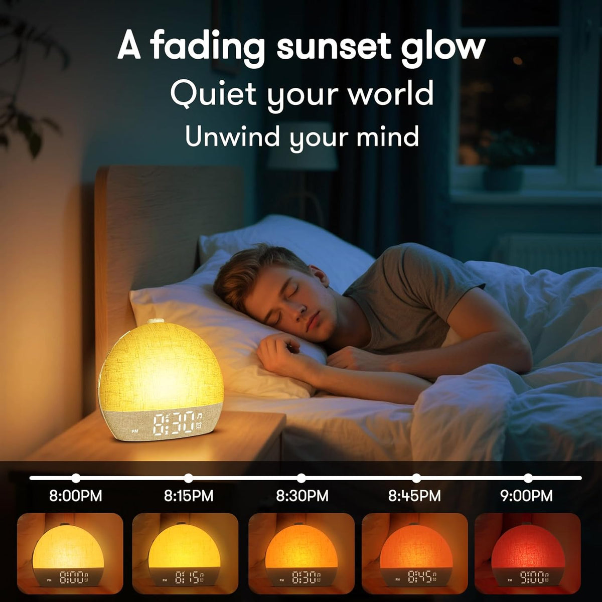 wake up light sunrise alarm clock, white noise showing dimensions