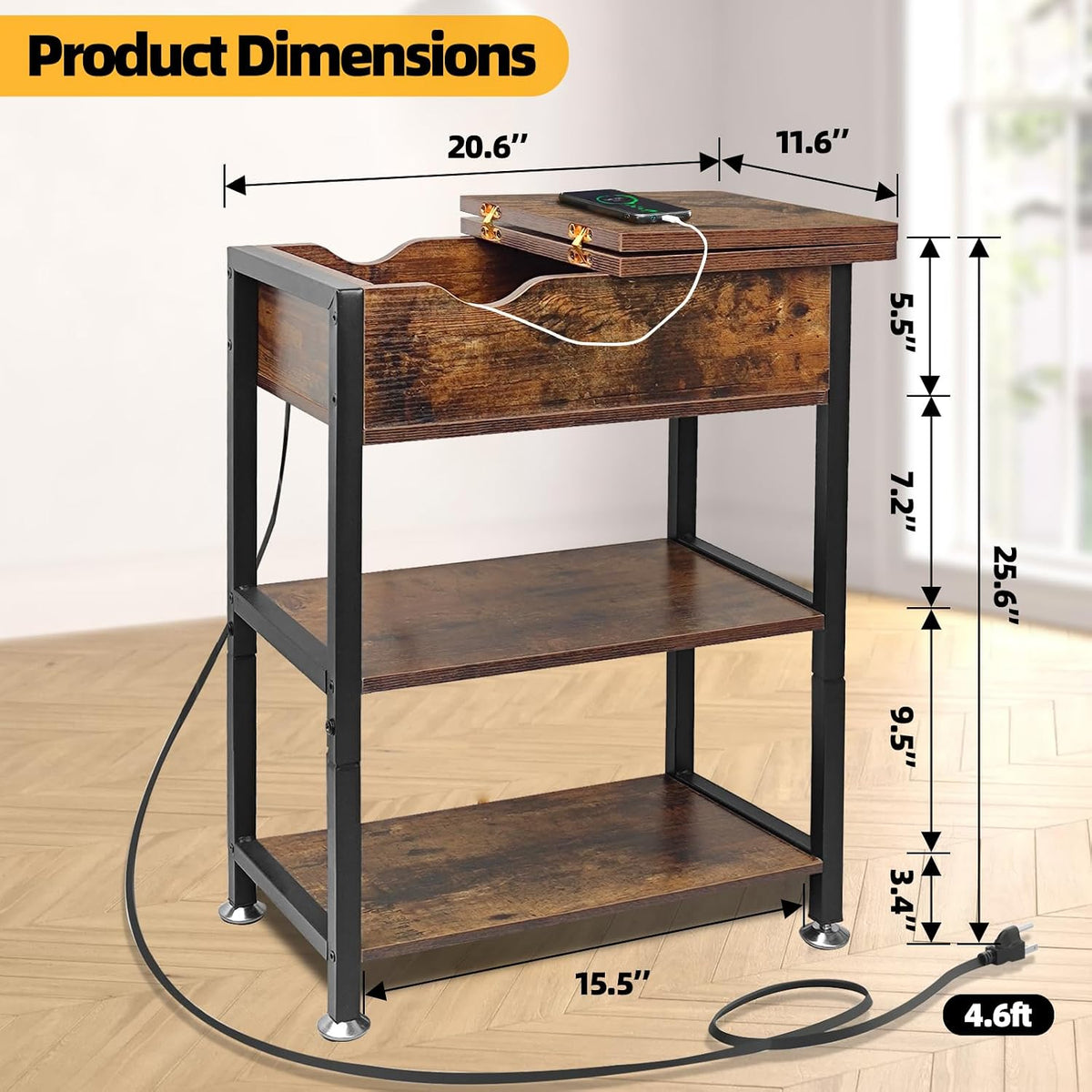 Flip Top End Table with Hidden Charging Station, 12" D x 21" W x 26...