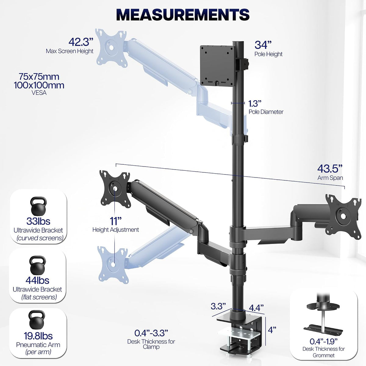 VIVO Triple Monitor Desk Mount, 32 to 49 inch Ultrawide Screens, One Fixed Sc...