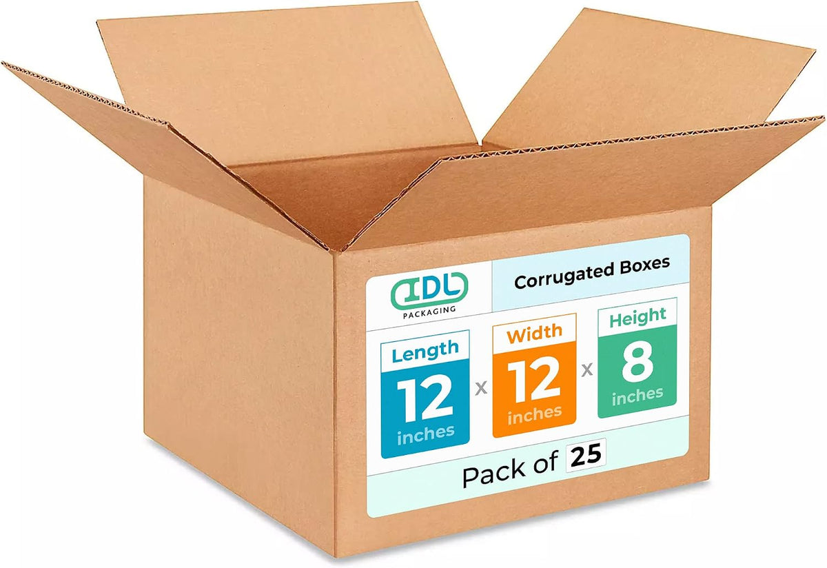 IDL Packaging - B-12128-25 Medium Corrugated Shipping Boxes 12"L x 12”W x 8"H -