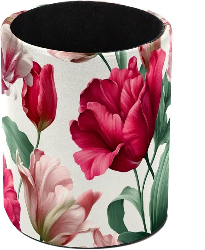 Leather Pen Holder for Desk Tulips Pattern Pencil Cup Desktop Organizer Makeup by Unknown