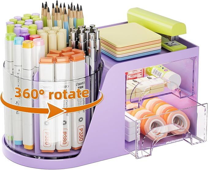 Marbrasse Desk Organizer with 2 Drawer, 360°Rotating Pen Holder, Desk by Marbrasse