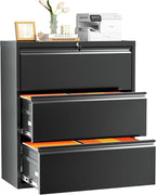 INTERGREAT 3-Drawer Black Lateral File Cabinet, Locking Metal Lateral Filing by INTERGREAT