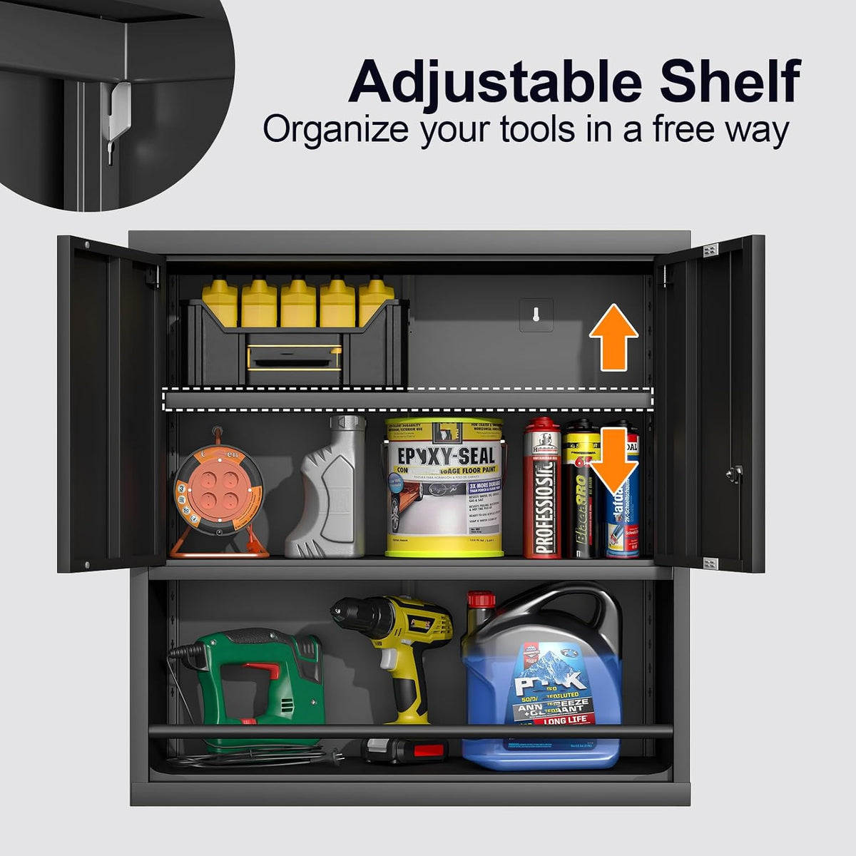greatmeet locking metal garage wall cabinet with doors showing dimensions