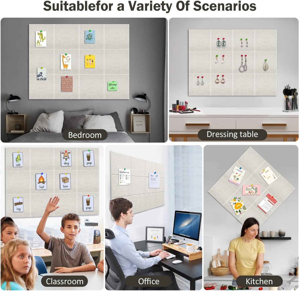 Felt Wall Tiles Bulletin Board with Removable Adhesive, 47"x35" Bei...