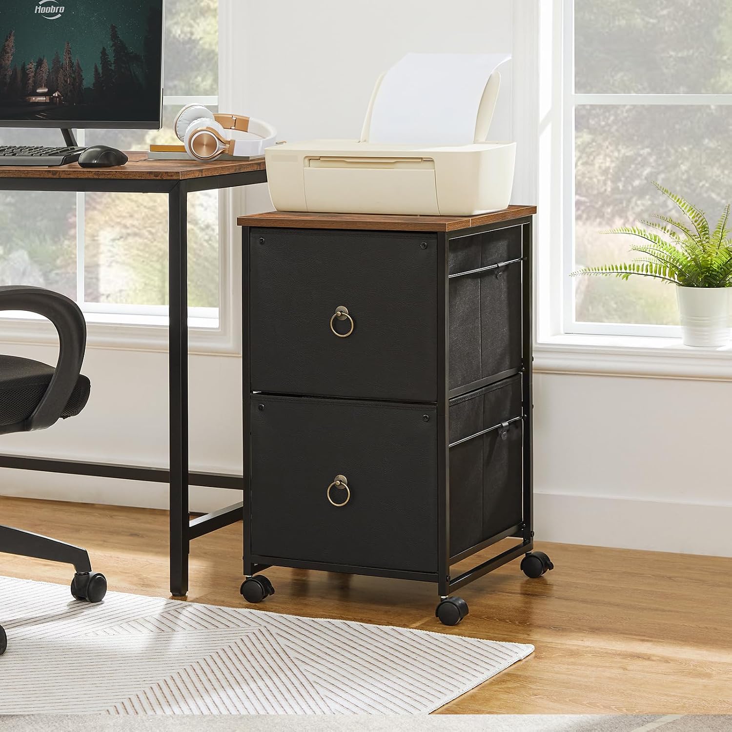 HOOBRO 2 Drawer Mobile File Cabinet, Rolling Printer Stand, Vertical Filing Cabinet, Office Drawers, Filing Cart for Home Office, A4/Letter Size, Nonwovens Drawer, Black and Rustic Brown BFK20WJ01