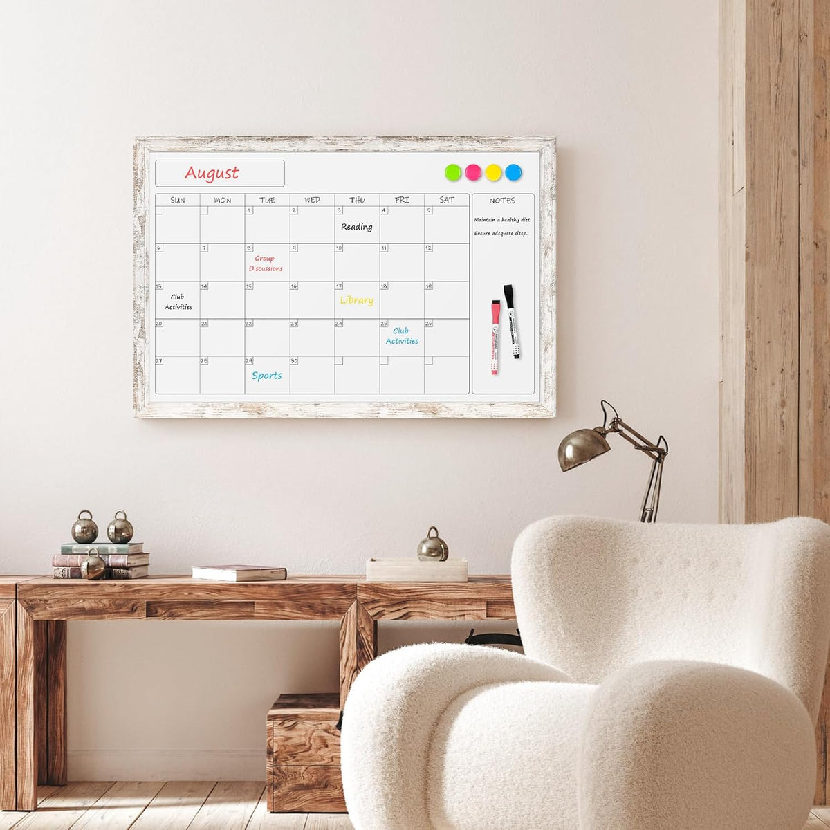 Monthly Dry Erase Calendar Whiteboard for Wall, 36"x24", Rustic Woo...
