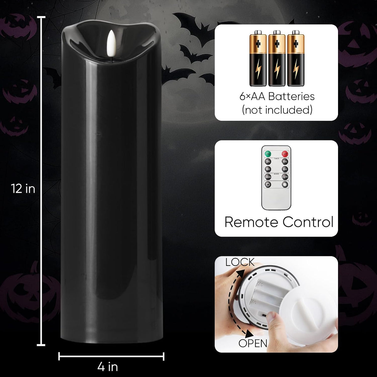 Homemory 4"x12" Black Flameless Candles, Halloween Candles, Outdoor...